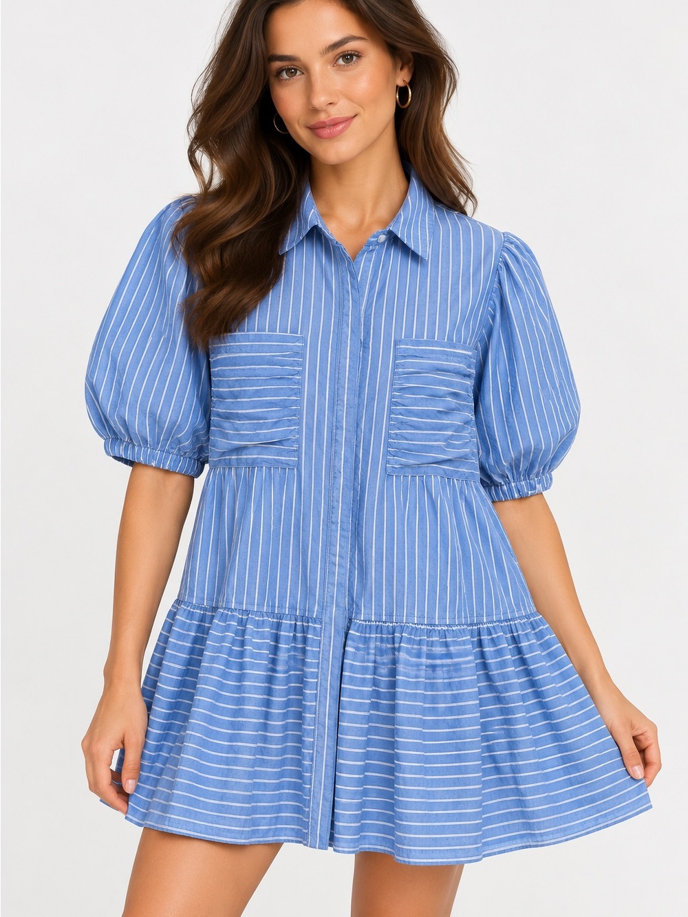 Karlie Blue & White Striped Puff-Sleeve Shirt Mini Dress